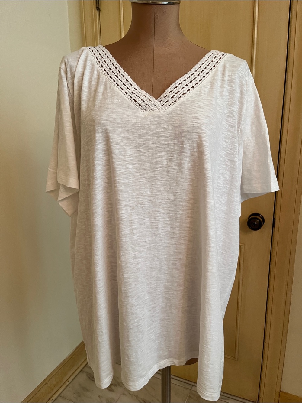 Talbots Cottage Coastal 100% Cotton White Crochet V‑Neck Casual Summer Top SZ 3X